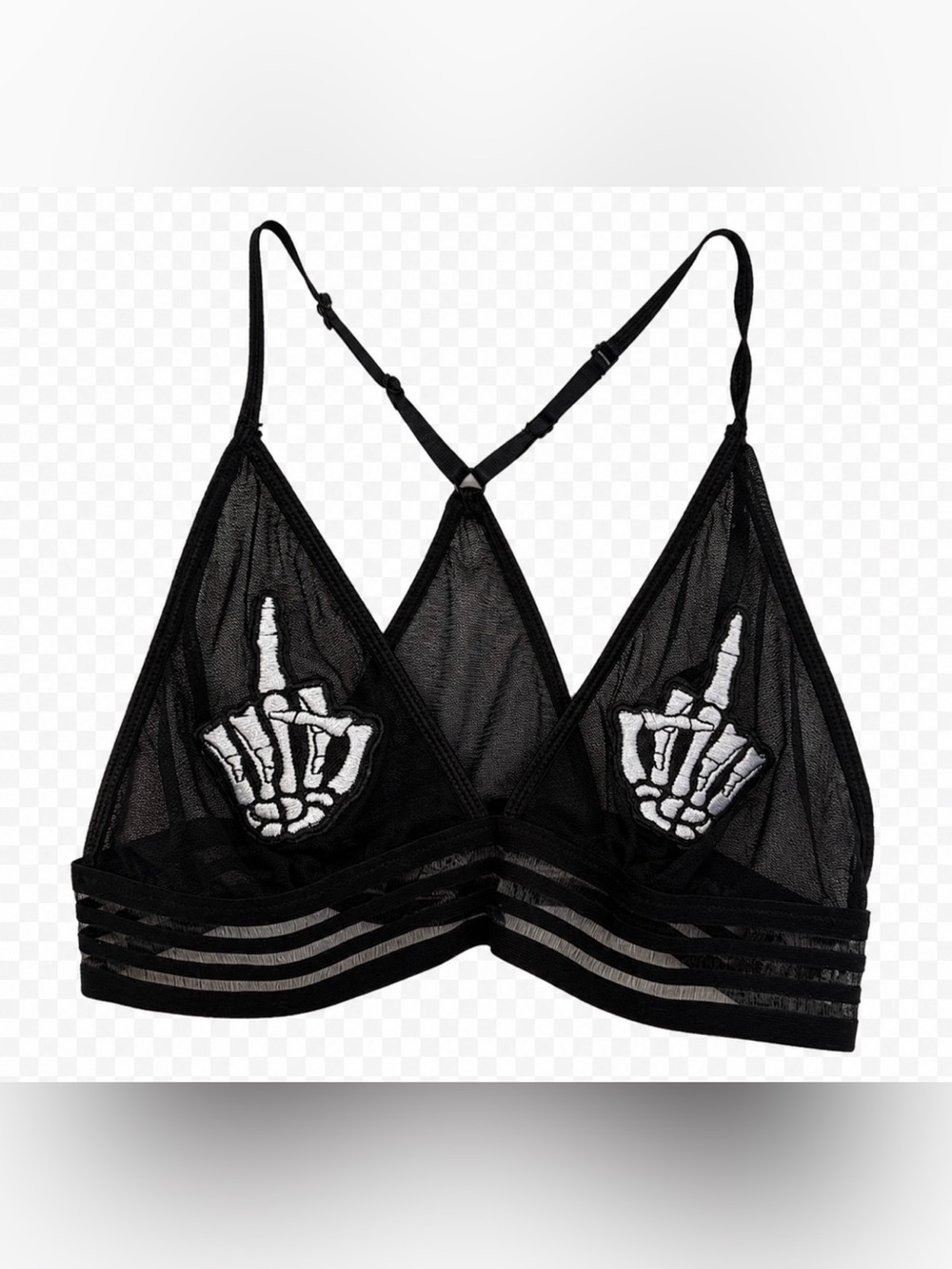 Spencer's Black Mesh Bralette with White Skeleton Middle Finger Appliqués